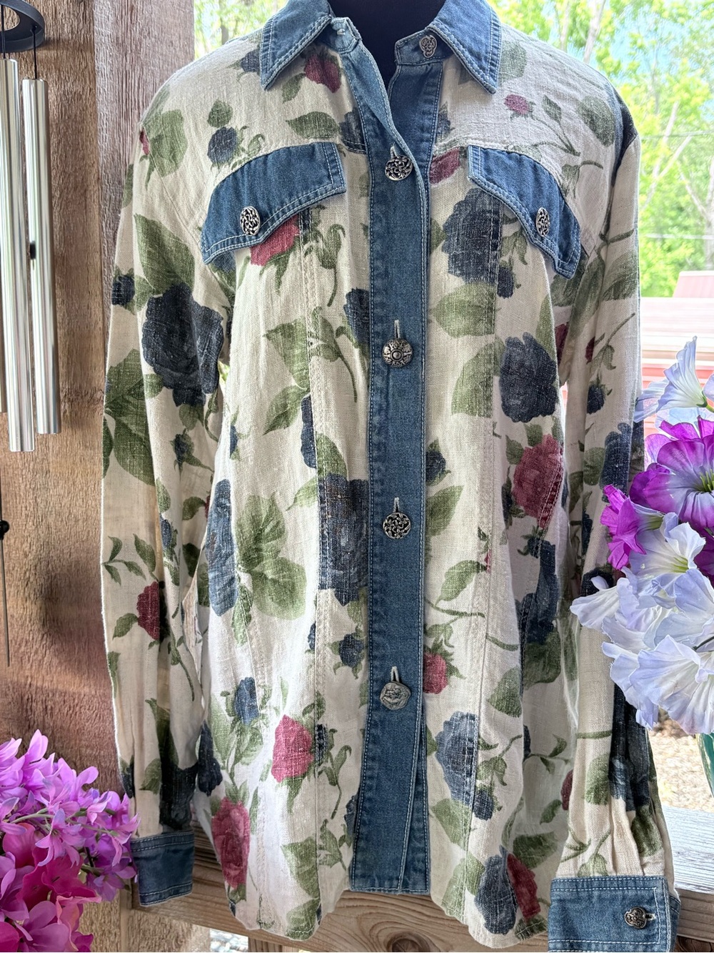 Vintage Saint Germain Denim & Floral Print Ornate Buttons Linen Blend Shirt